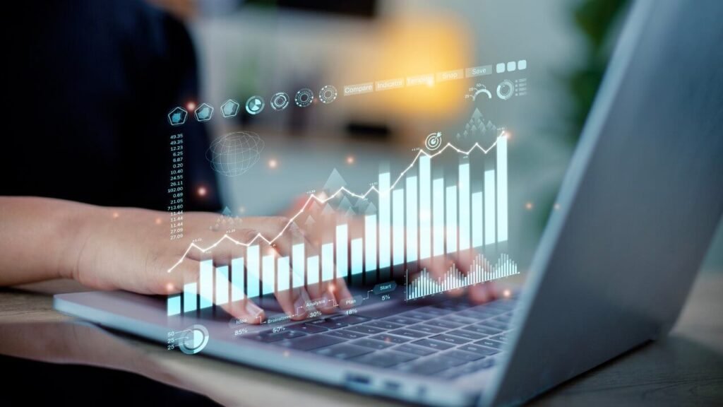 Interface de site moderno e responsivo com análise de dados, desenvolvido pelo Studio Mestre Digital com tecnologias de IA.