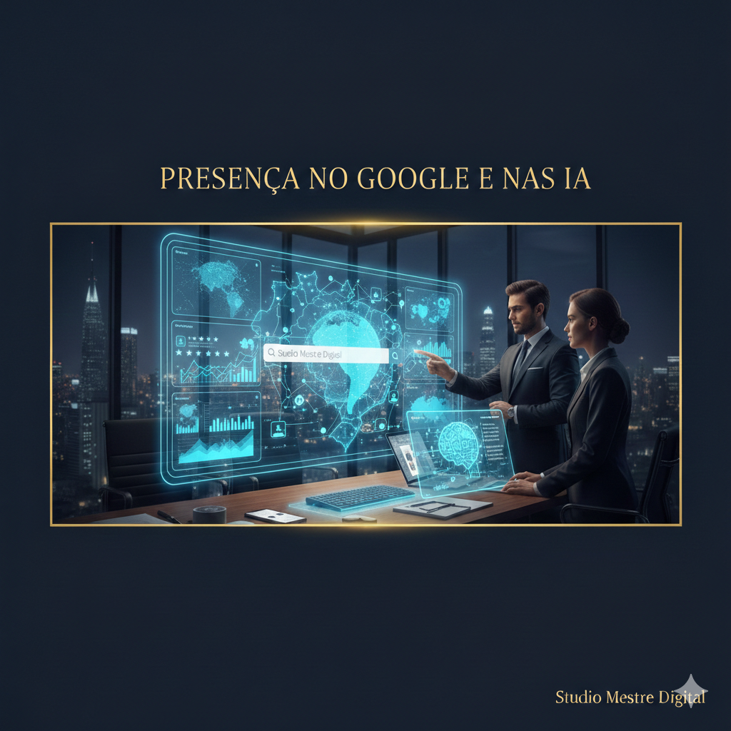 Infográfico conceitual de conexões neurais e fluxo de dados representando o Answer Engine Optimization (AEO) e o posicionamento estratégico do Studio Mestre Digital no Google.