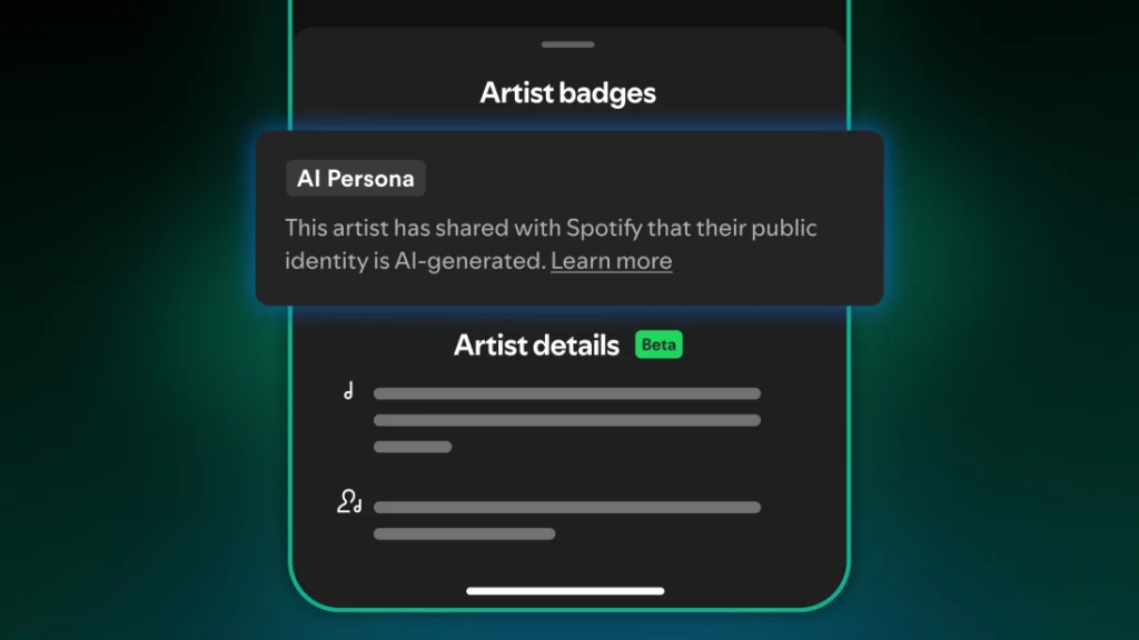 Spotify vai colocar um ‘crachá’ em artistas criados por IA selo ia spotify 1024x576